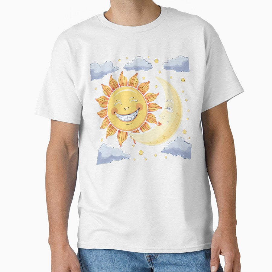 Smiling Sun and Moon in the cloudy sky by catcurio