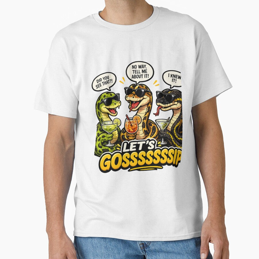 Let’s Gossssip Funny Snake Shirt | Cool Cartoon Snakes with Cocktails by Animal Vibes