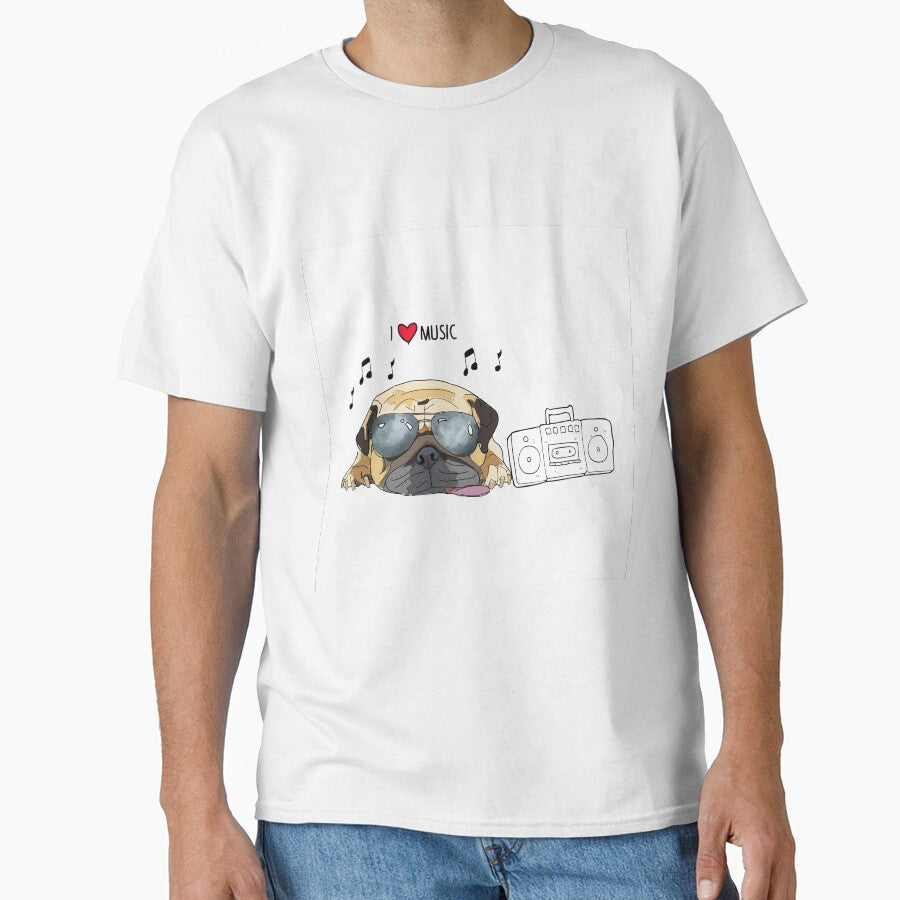 I Love Music Pug-Retro Dog by sketchandpaws