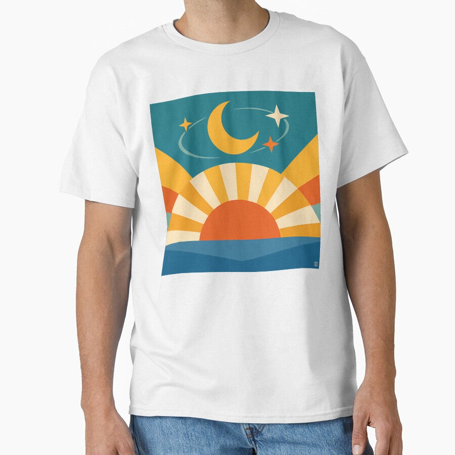 Minimal Sun and Moon Sunrise with Stars by InkSmithery