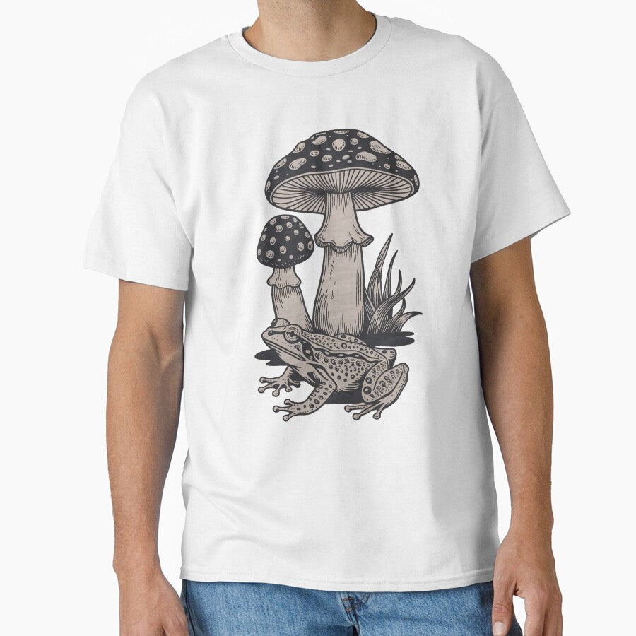 Vintage Toad and Forest Mushrooms T-Shirt Botanical Cottagecore Gift by ZyxDes
