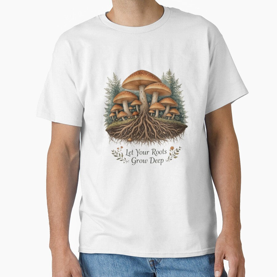 Let Your Roots Grow Deep – Vintage Mushroom Forest Illustration | Cottagecore Nature Quote | Botanical Aesthetic Graphic Tee by GloboStyle Design