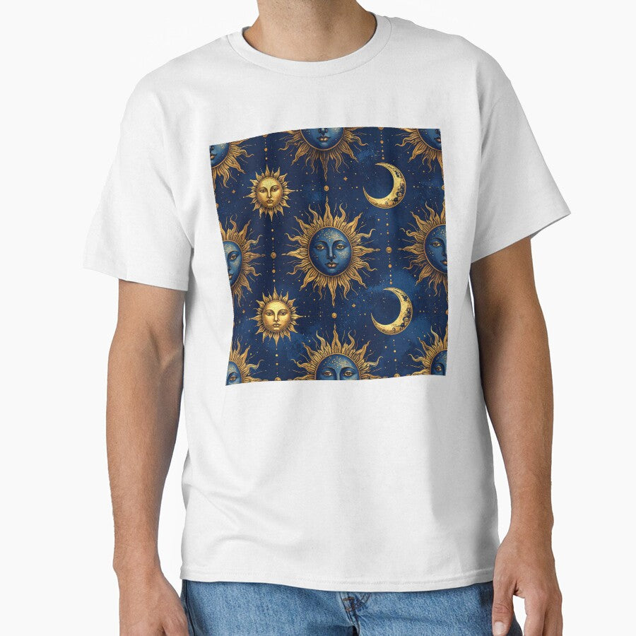 Celestial Sun Moon Face Midnight Blue Gold Seamless Pattern by Grainwork