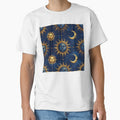 Celestial Sun Moon Face Midnight Blue Gold Seamless Pattern by Grainwork