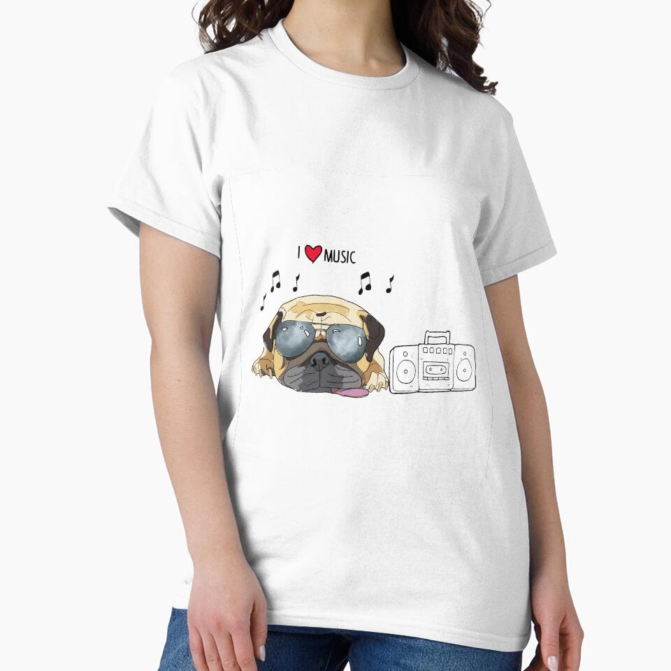 I Love Music Pug-Retro Dog by sketchandpaws
