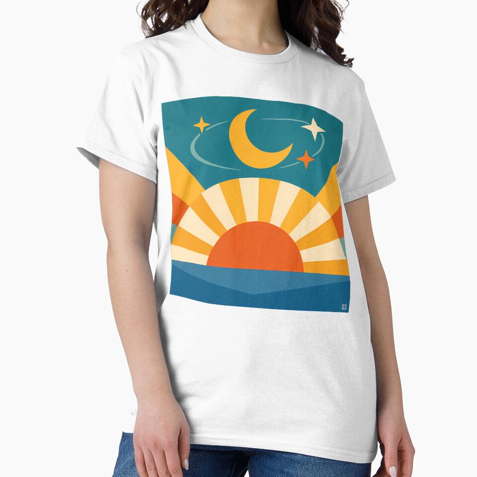 Minimal Sun and Moon Sunrise with Stars by InkSmithery