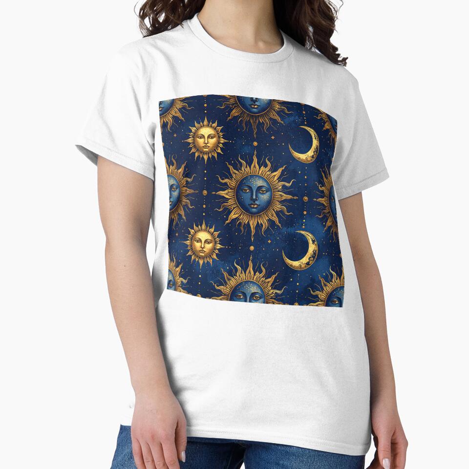 Celestial Sun Moon Face Midnight Blue Gold Seamless Pattern by Grainwork