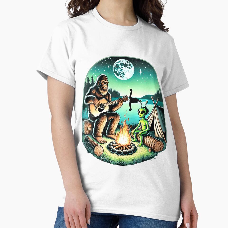 Alien And Bigfoot Loch Ness Campfire Sasquatch Guitar by desuyomoskov7