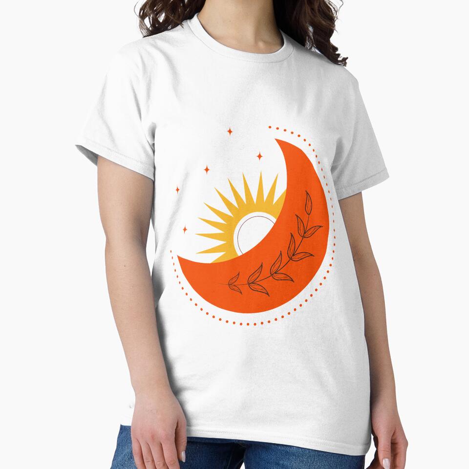 sun, sunshine, moon, crescent moon, moon and sun, bright, aesthetic, cheerful, vsco, trippy, hippie, celestial, minimalist, popular, trendy, mayan, bohemian, boho, Aztec, red yellow and black, by CapturedByeJ
