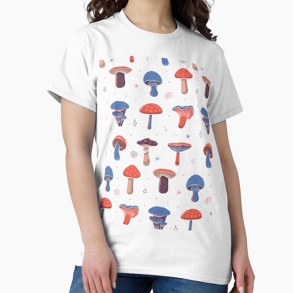 Dark Cottagecore Mushroom Seamless Pattern Red Blue Botanical Fungi Art by DERA RAY
