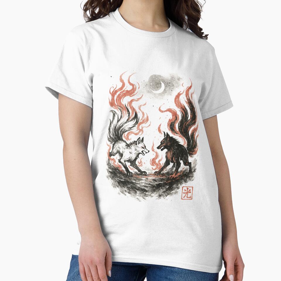 Kitsune Duel Under Moon with Foxfire Flames by Hikadezain