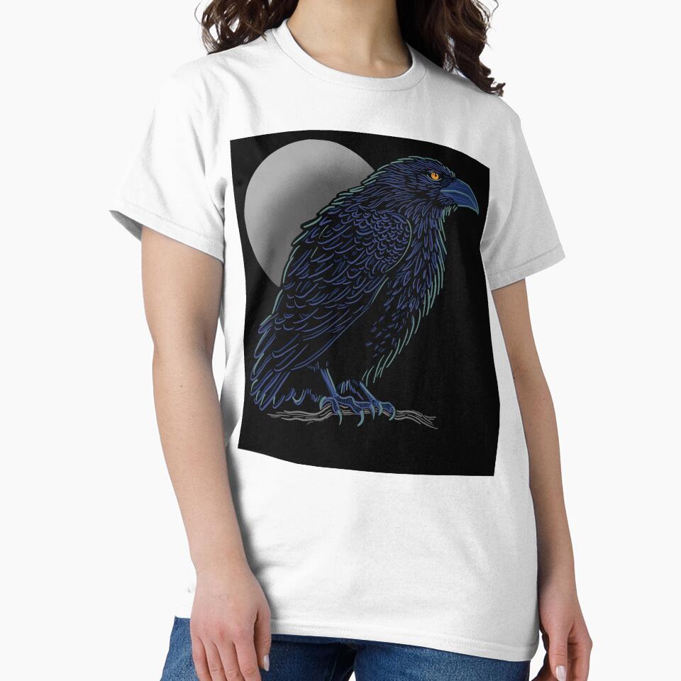 Crow design in blue and light green colors with full moon by DaveDanchuk