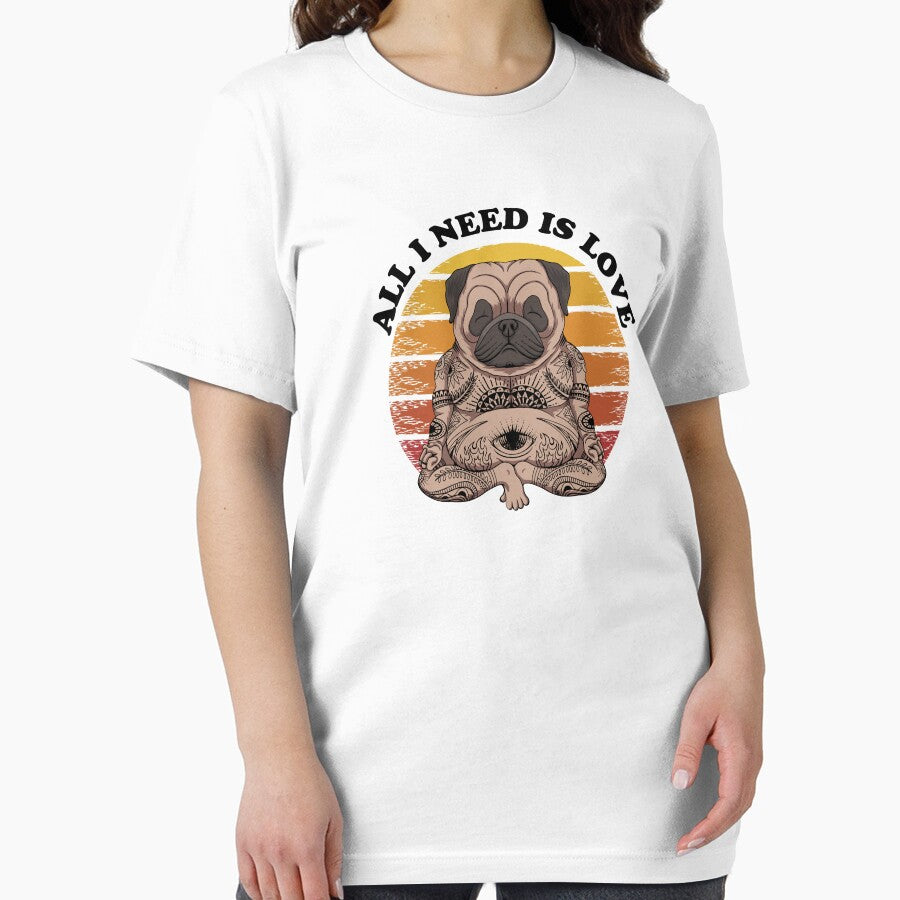 All I Need Is Love Yoga Pug Dog Sunset Retro by GraphismNinja