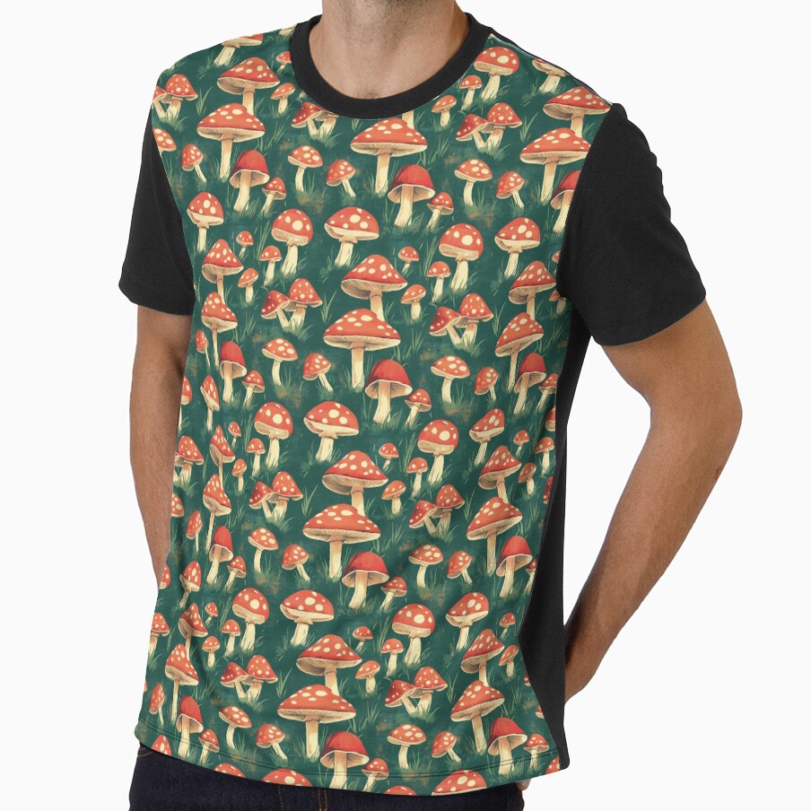 red toadstools on green background by PoppyLaneStudio