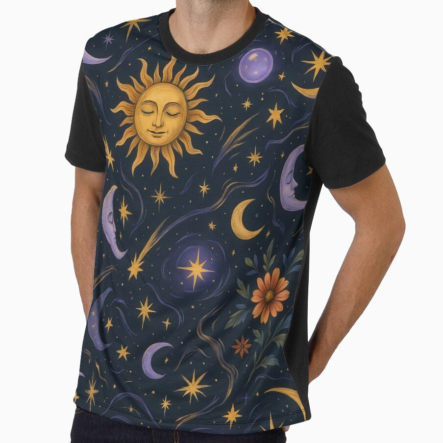Celestial Sun and Moon Design With Stars and Cosmic Flowers by Dragonlit
