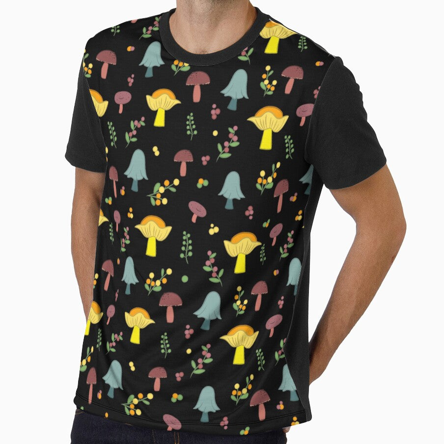 Colorful Mushroom Seamless Pattern on a Black Background by Cherie Brunetti