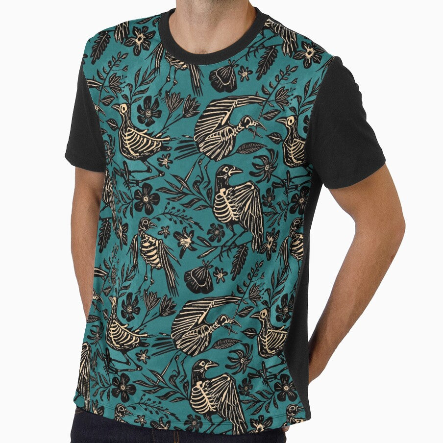 Dark folk art linocut block print floral bird skeleton pattern in teal, black, and cream by RedFinchDesigns