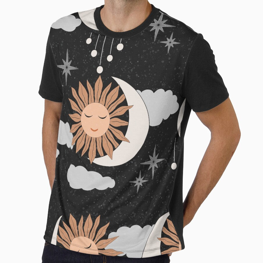 Large scale of Black Celestial Sun Moon Pattern Boho Night Sky Art by DColourMuse