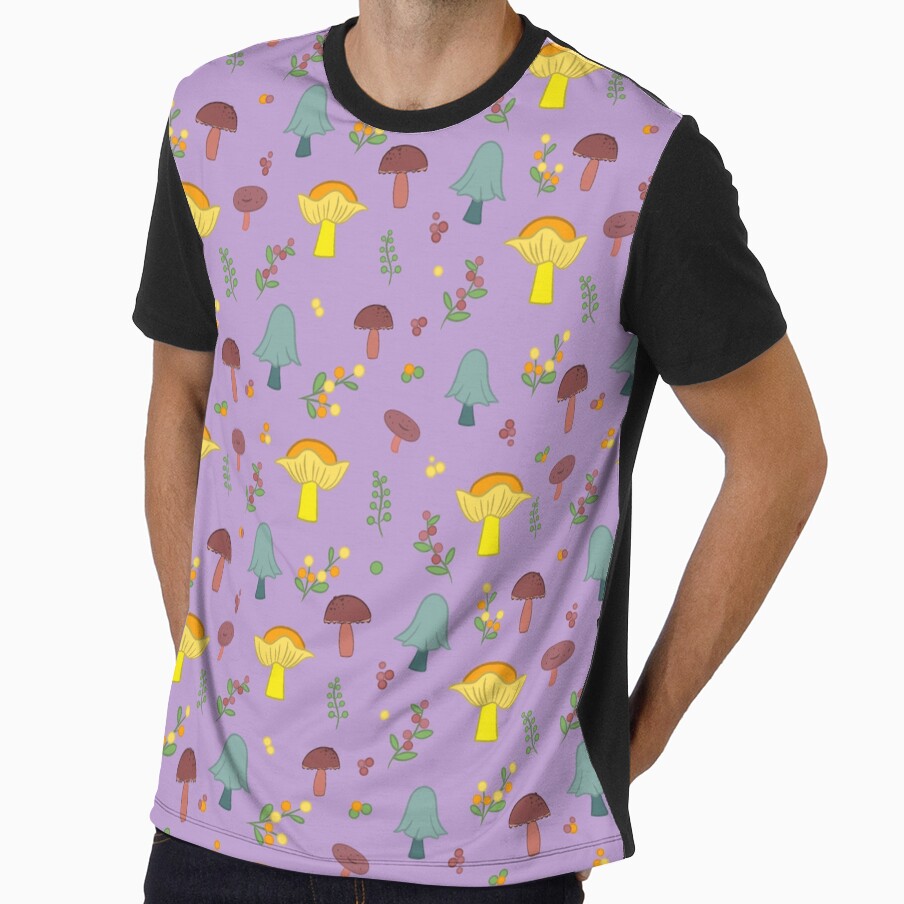Colorful Mushroom Seamless Pattern on a Lilac Background by Cherie Brunetti