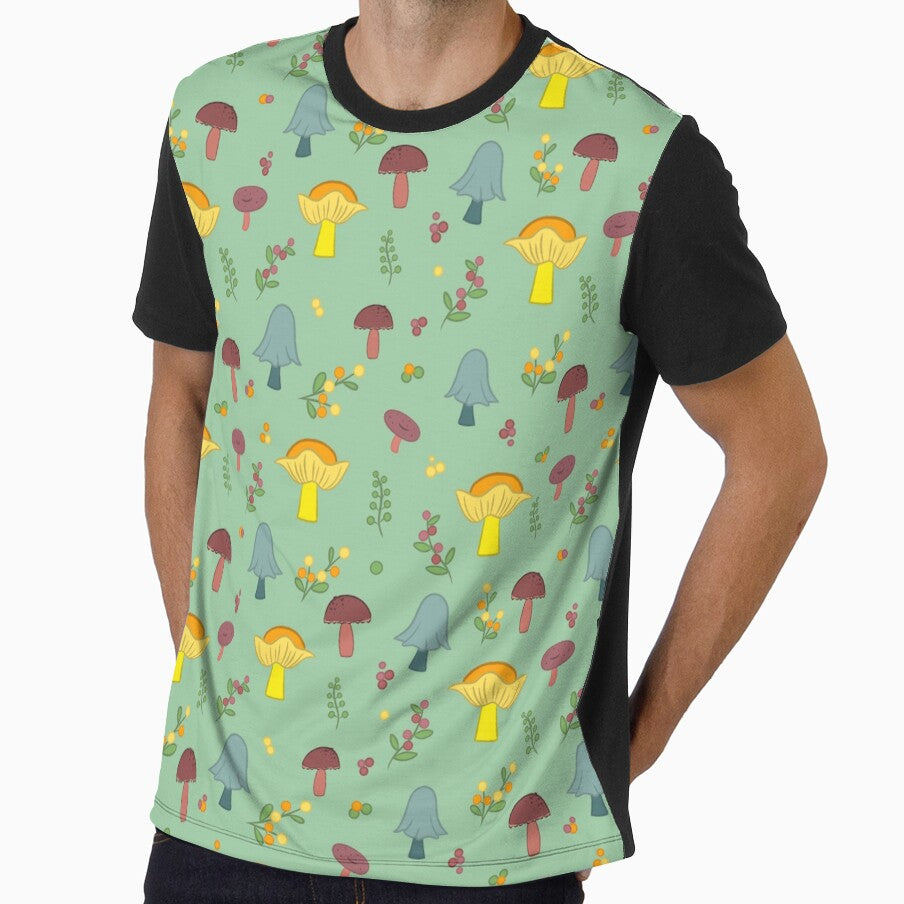 Colorful Mushroom Seamless Pattern on a Green Background by Cherie Brunetti
