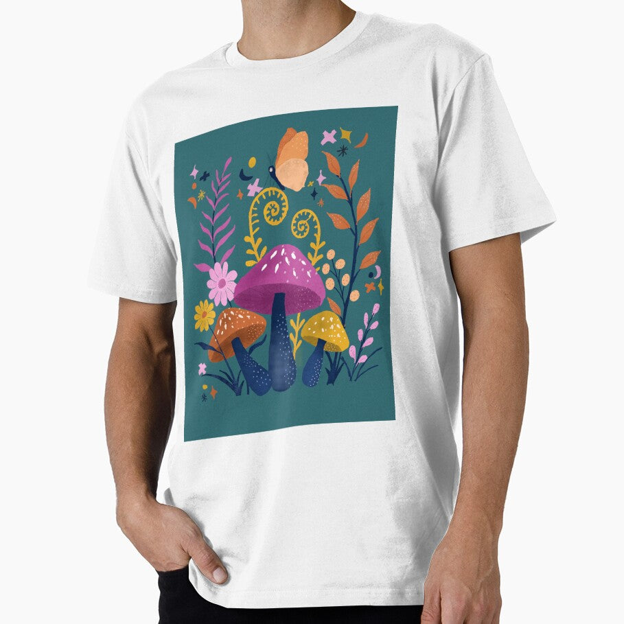 Blooms & Shrooms — Retro Folk Botanical Mushroom Art Print, Cottagecore Illustration, Dark Teal Wall Art by ShooNyaArtStudio
